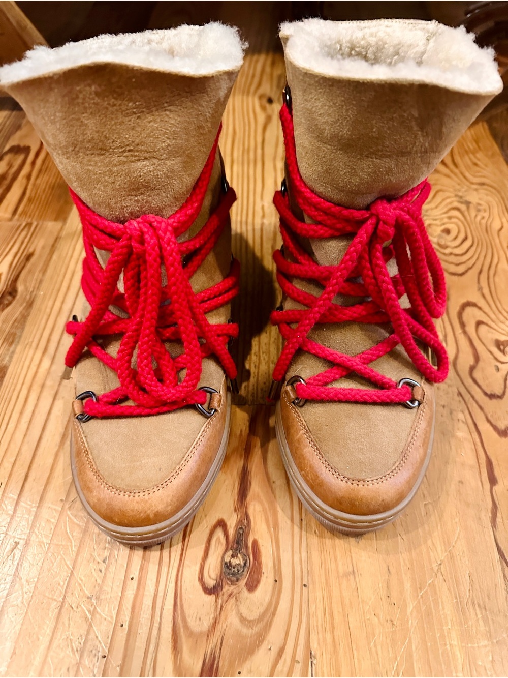 Isabel Marat Nowles Women’s Tan Suede Winter Boots with Red Laces